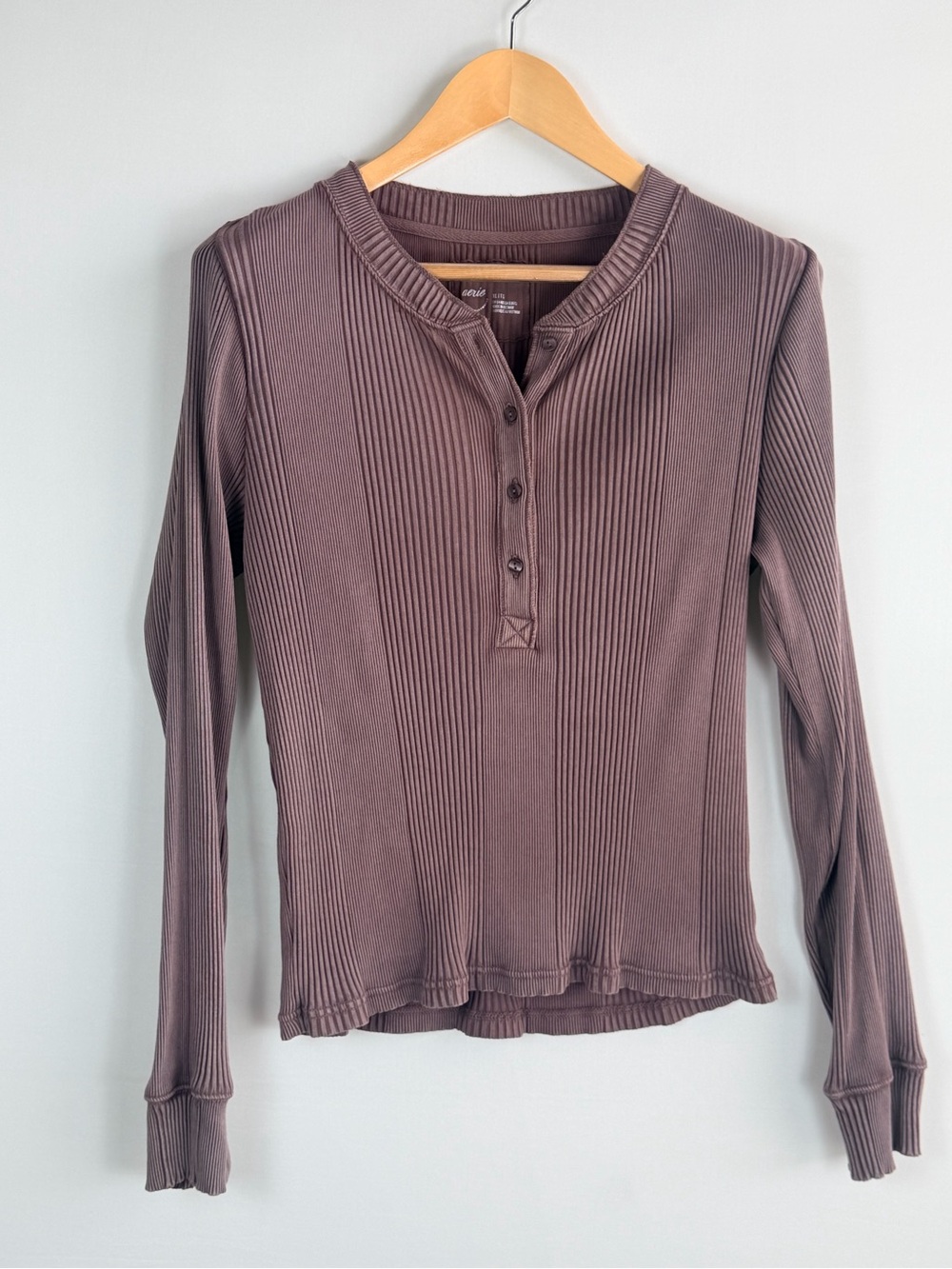 Aerie Brown Ribbed Henley Long Sleeve Top Size XL